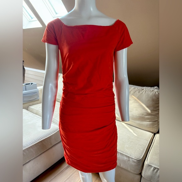 Boden Off Shoulder Rouched Bodycon Reddish Orange Dress Size 12R - Picture 2 of 8